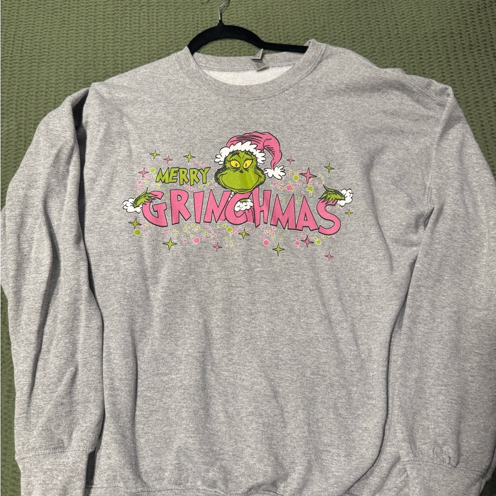 Gray 'Merry Grinchmas' Graphic Crewneck Sweater - Pink & Green Accent